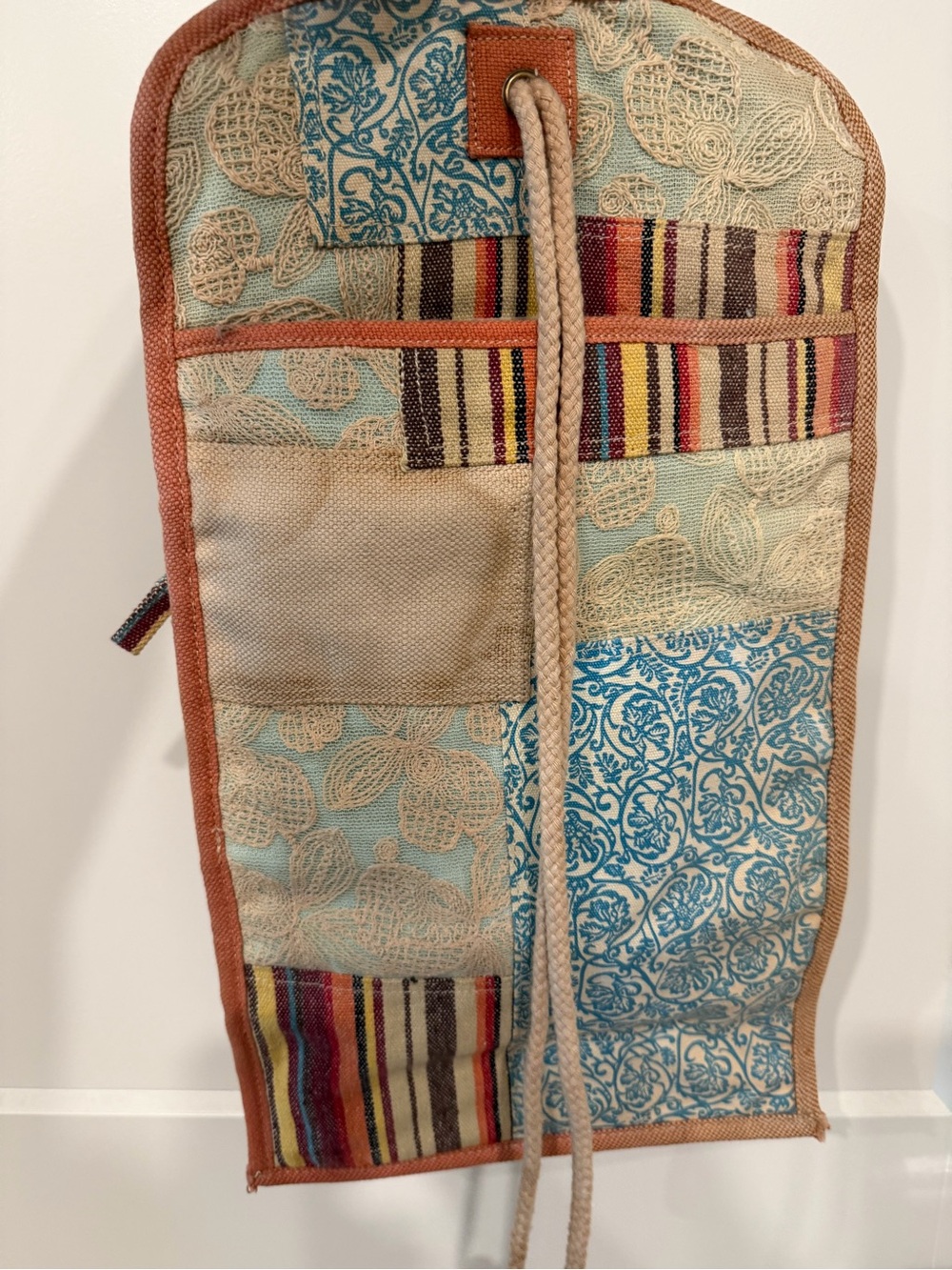 Boho Patchwork Drawstring Jewelry storage - Teal & Beige